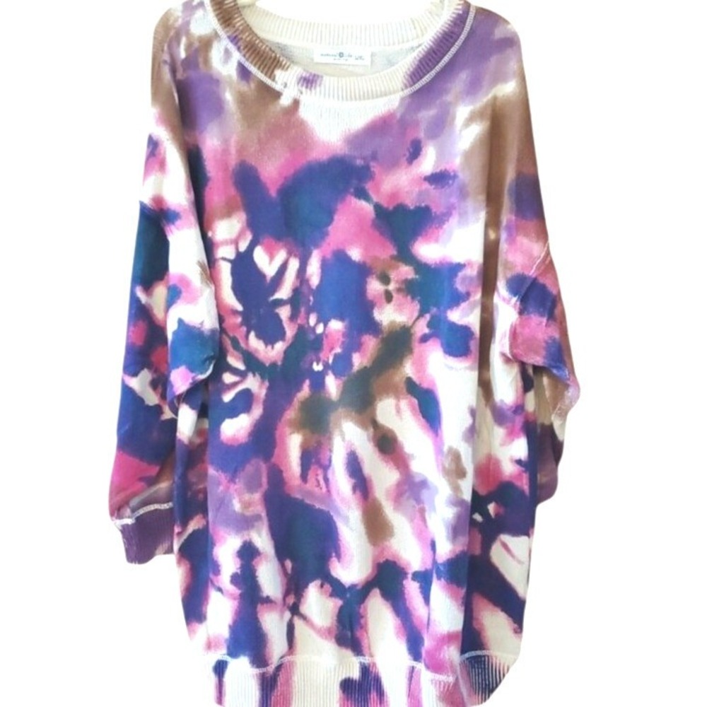 Natural Life Taylor Oversized Tie-Dye Crewneck Sweater — Purple, Pink & Brown